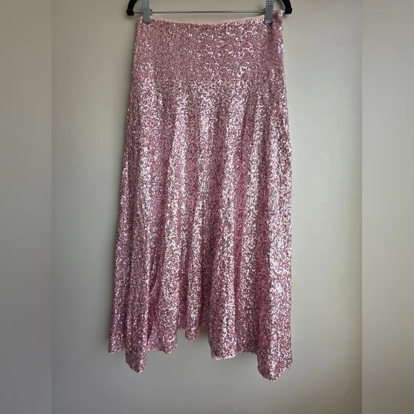 Norma Kamali Pink Sequin Midi Skirt - Rose Gold High Waisted Flare - Picture 3 of 8